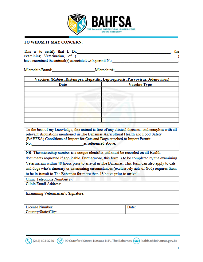 Bahamas Pet Import Permit Vet Certificate Required