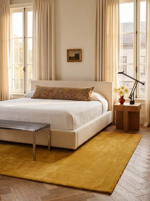 Saffron Yellow Solid Rug Bedroom Interior